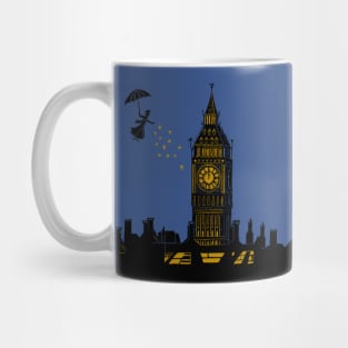 Mary Poppins and Big Ben Linocut Silhouette Print in black, blue and gold Mug